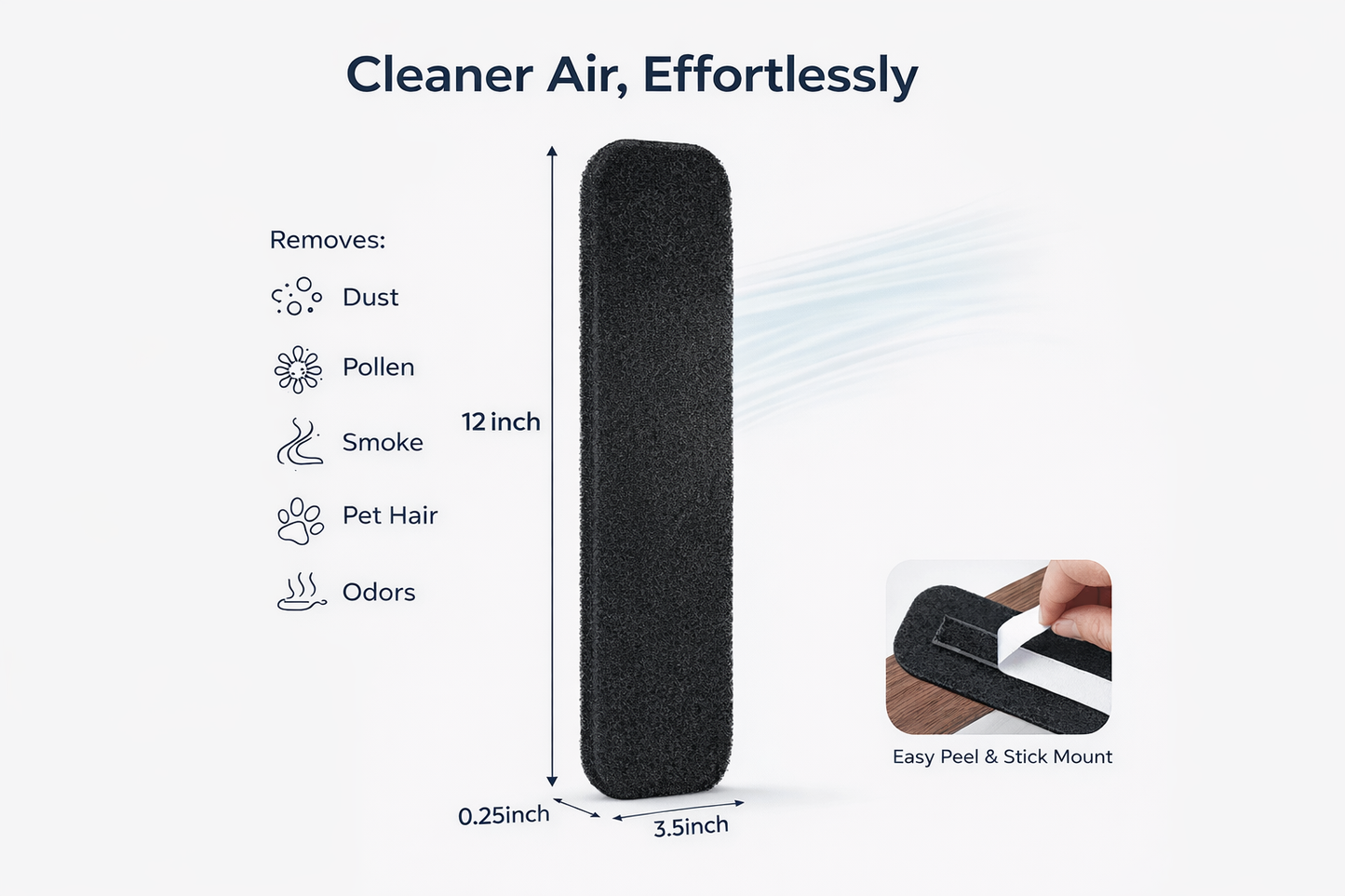 Black air filter with features listed on a white background