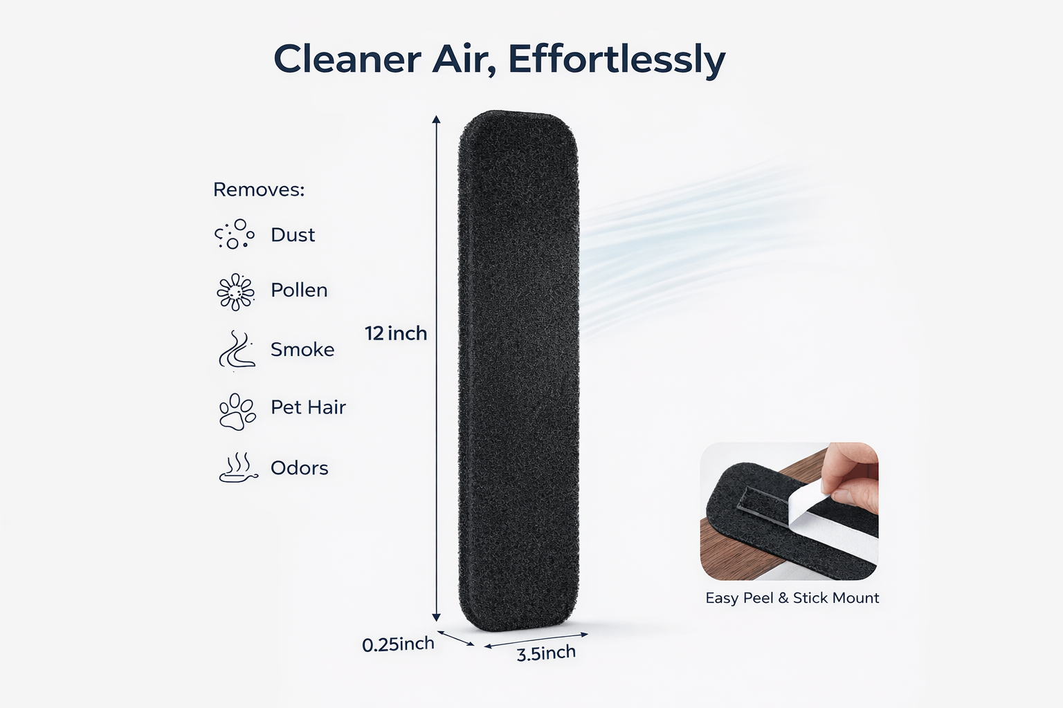 Black air filter with features listed on a white background