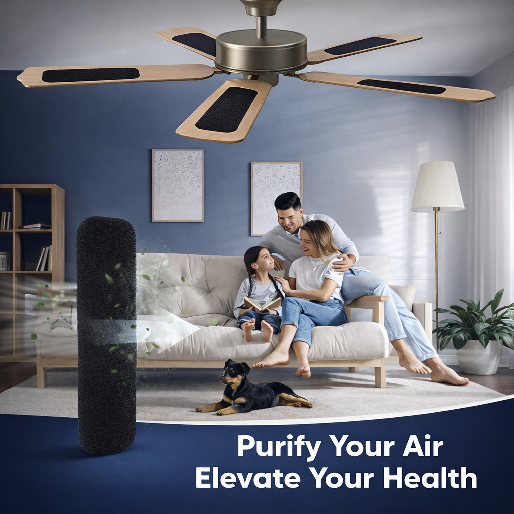 Family sitting on a couch in a living room with a ceiling fan and air purifier, text 'Purify Your Air Elevate Your Health'.