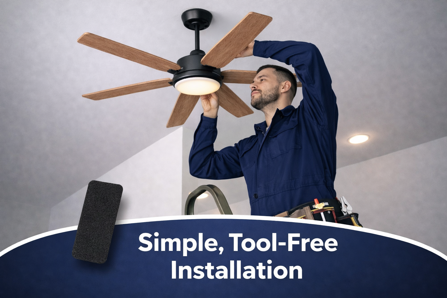 Person installing a ceiling fan with text 'Simple, Tool-Free Installation' below.